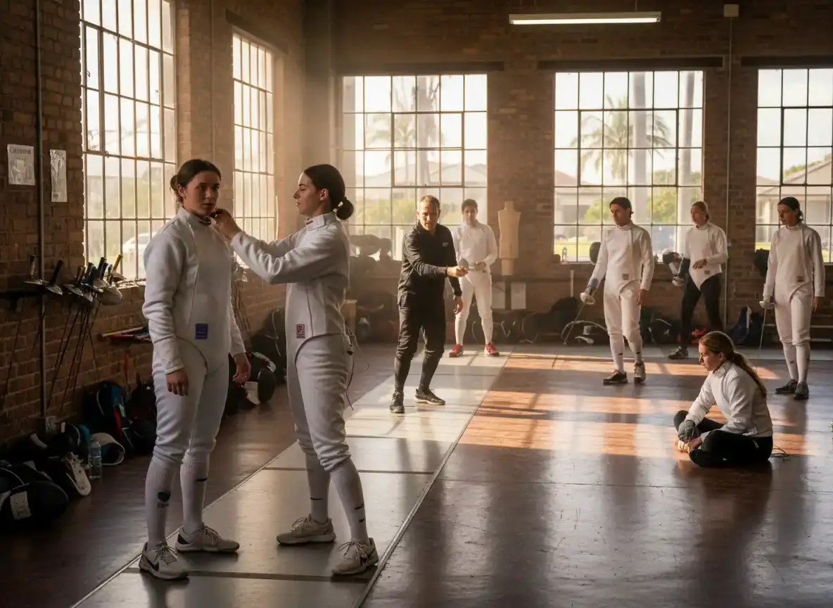 fencing springfield: fencers in white protective suits being fitted in a brick-walled indoor hall while others train