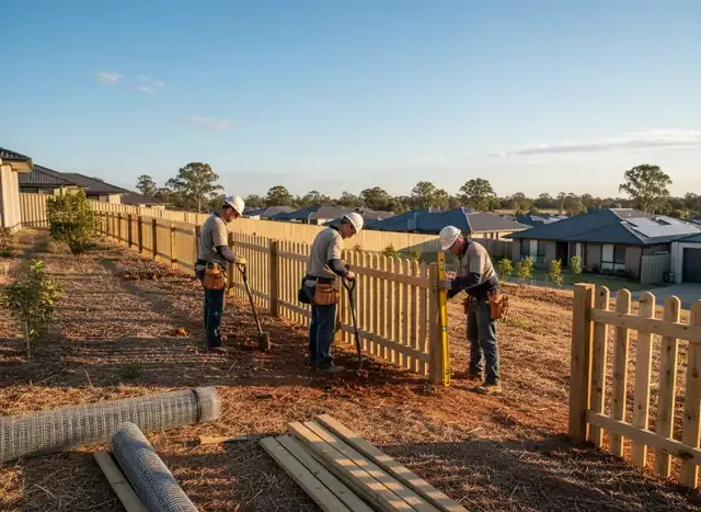 fencing springfield: two workers installing timber fence palings on a bare block with new houses behind