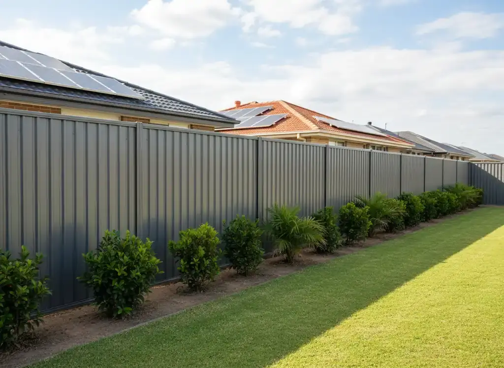 fencing springfield: grey corrugated steel fence line behind a row of shrubs and lawn, with solar panels on nearby roofs
