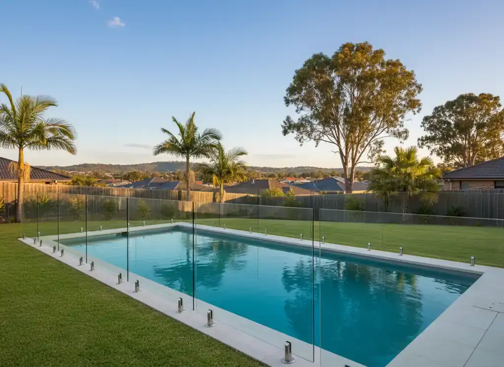 fencing springfield: frameless glass pool fence with stainless steel posts around a rectangular pool on lawn