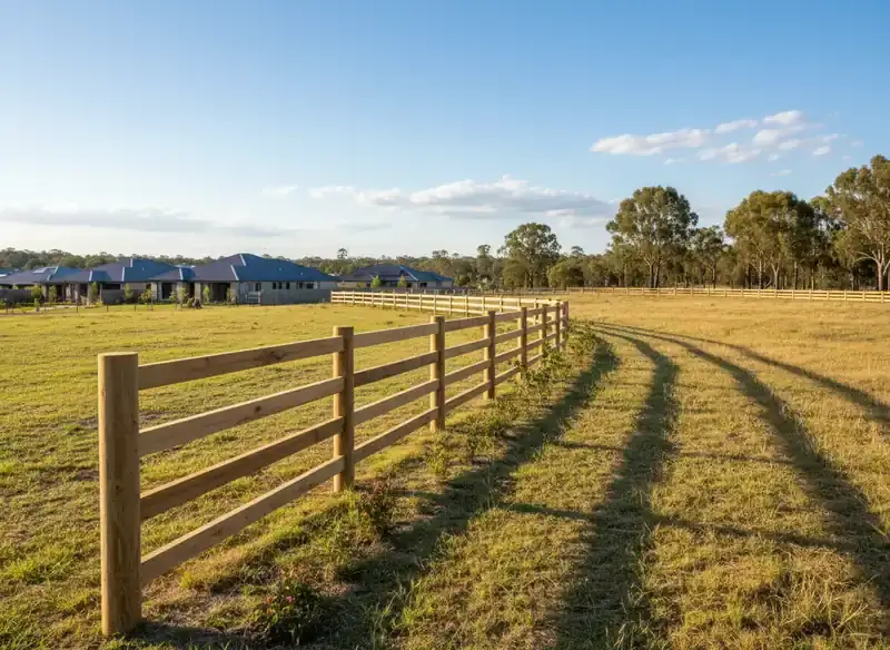 fencing springfield: post-and-rail timber fence running across a grassy paddock toward houses under a blue sky